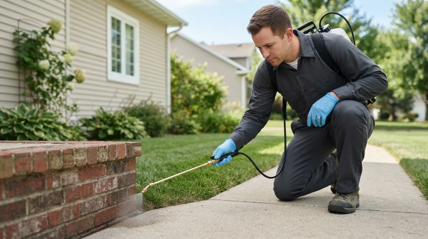 Pest control technician treating a home near Garland, PA